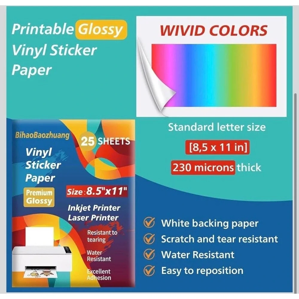BihaoBaozhuang 25 Sheets Premium Glossy Printable Vinyl Sticker Paper for Inkjet